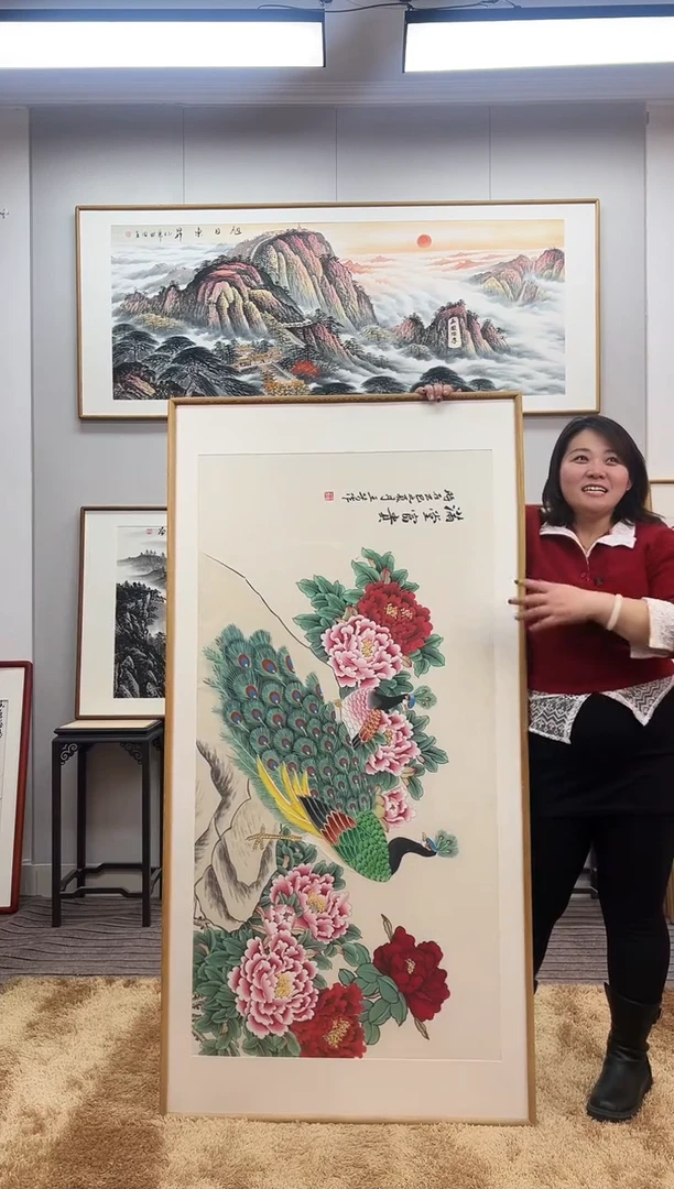 国画手绘工笔孔雀牡丹162*82尺寸