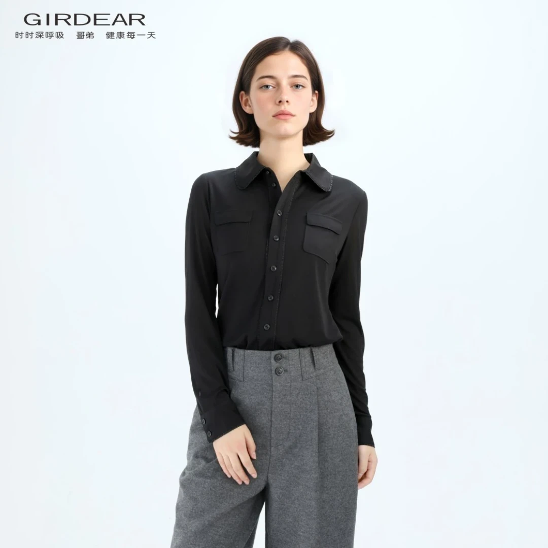GIRDEAR/哥弟经典质感百搭气质优雅显瘦单排扣纱质长袖衬衣130116