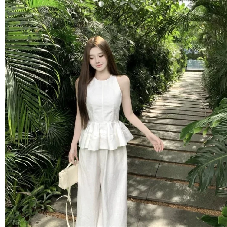 夏日简约时尚设计感两件套修身显瘦白色背心上衣高腰垂感裤子
