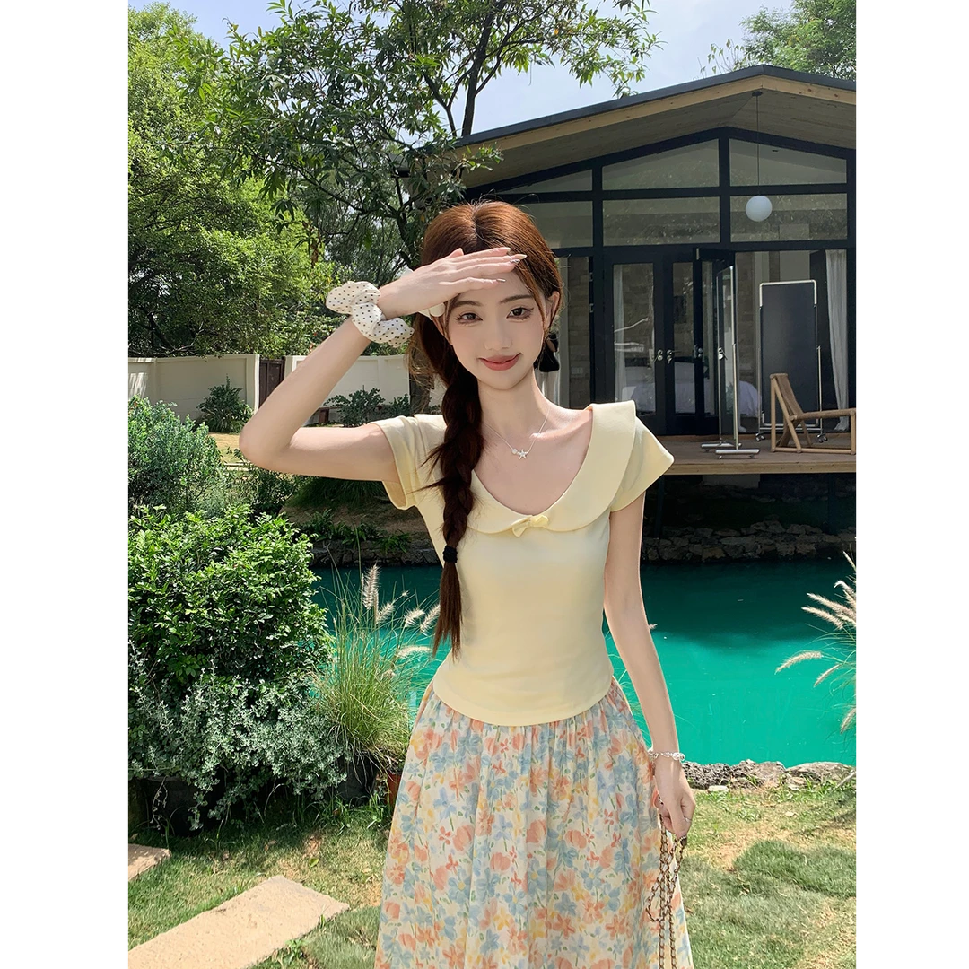 doll感大娃娃领蝴蝶结少女感日系风短款T恤+碎花A字半裙夏季甜美