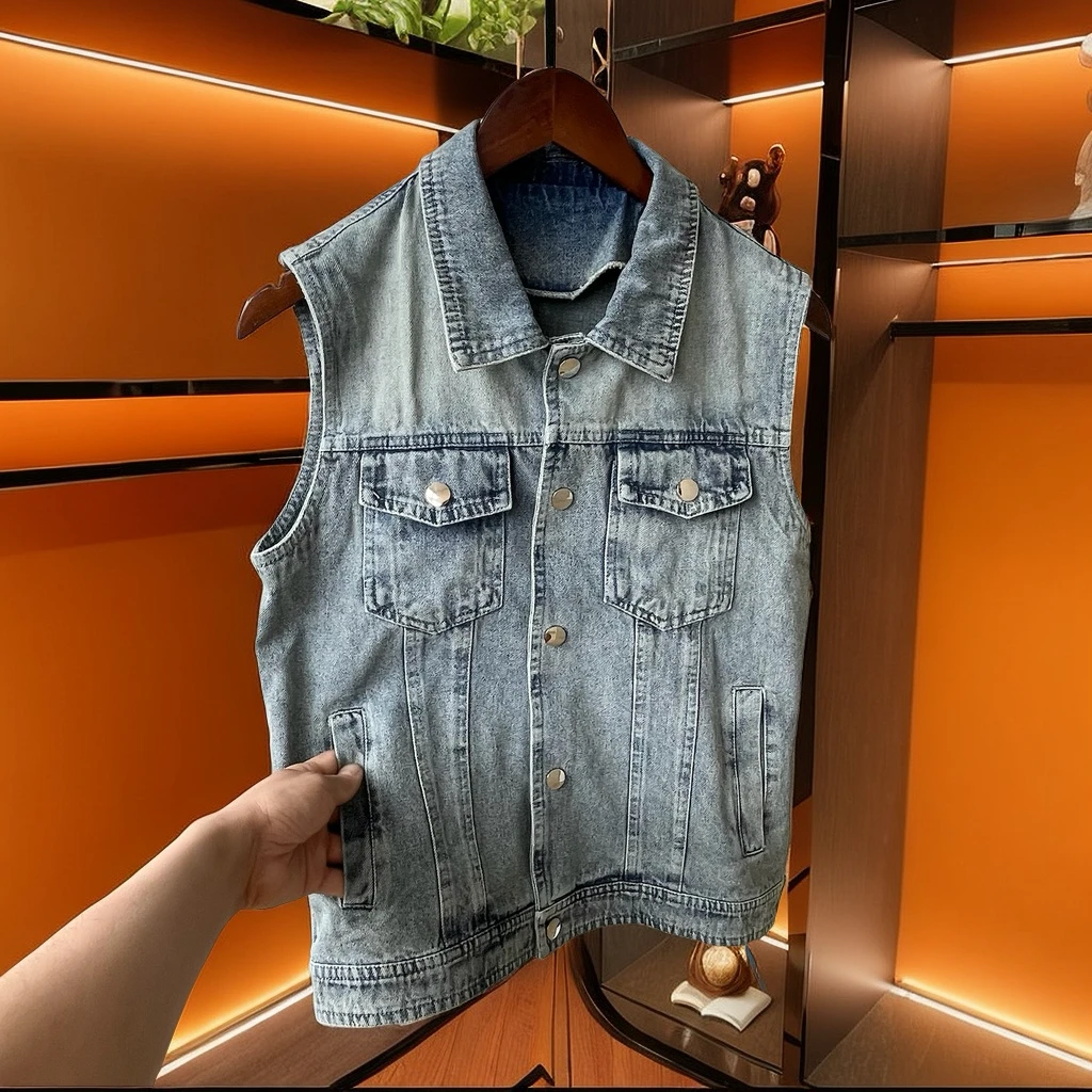 2025新款牛仔马甲男士修身百搭时尚潮流水洗复古潮流翻领轻奢做旧