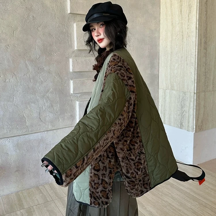 撞色拼接棉服女冬季新款宽松豹纹外套保暖棉袄复古棉衣