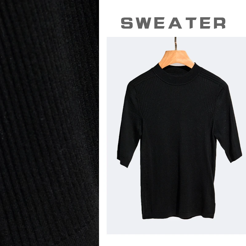 【精致风—纸片人】纯色竖坑条显瘦简约精纺羊毛针织百搭圆领T恤短袖