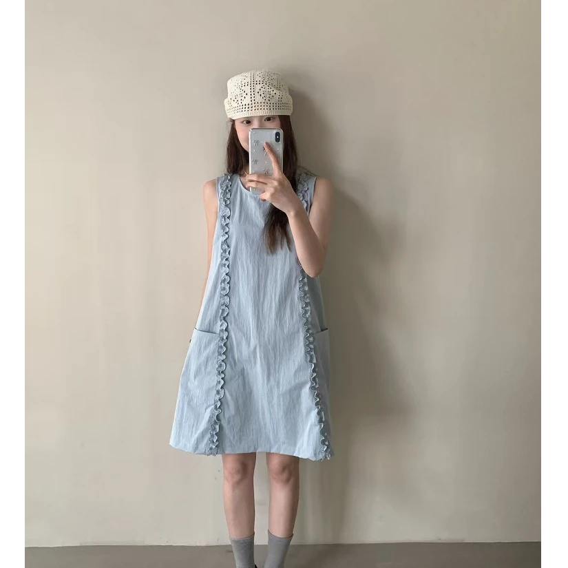 法式花边无袖背心连衣裙夏季新款设计感小个子显瘦百搭中长裙B854