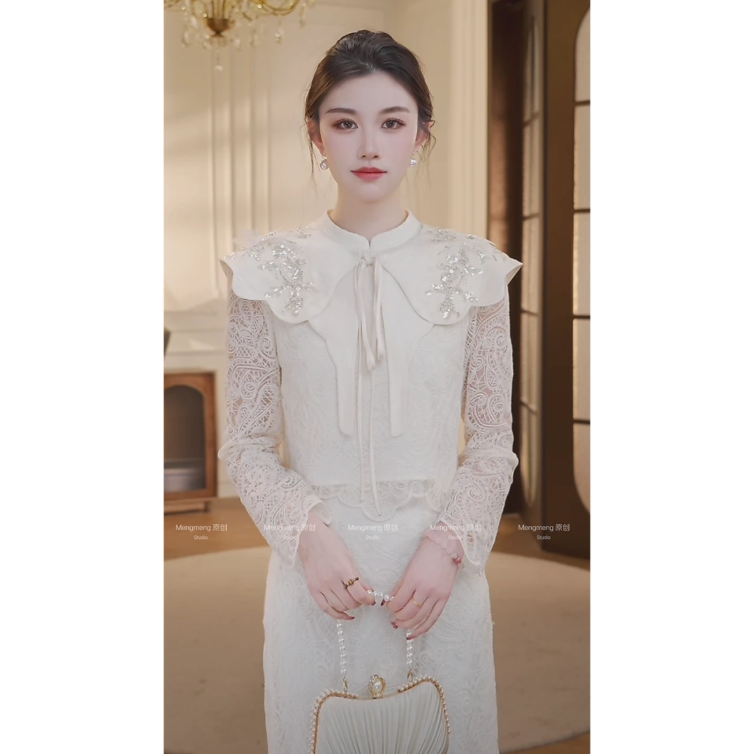 【BOBO】黎姿 春季白色蕾丝法式优雅衬衫A字裙套装GC251T1009