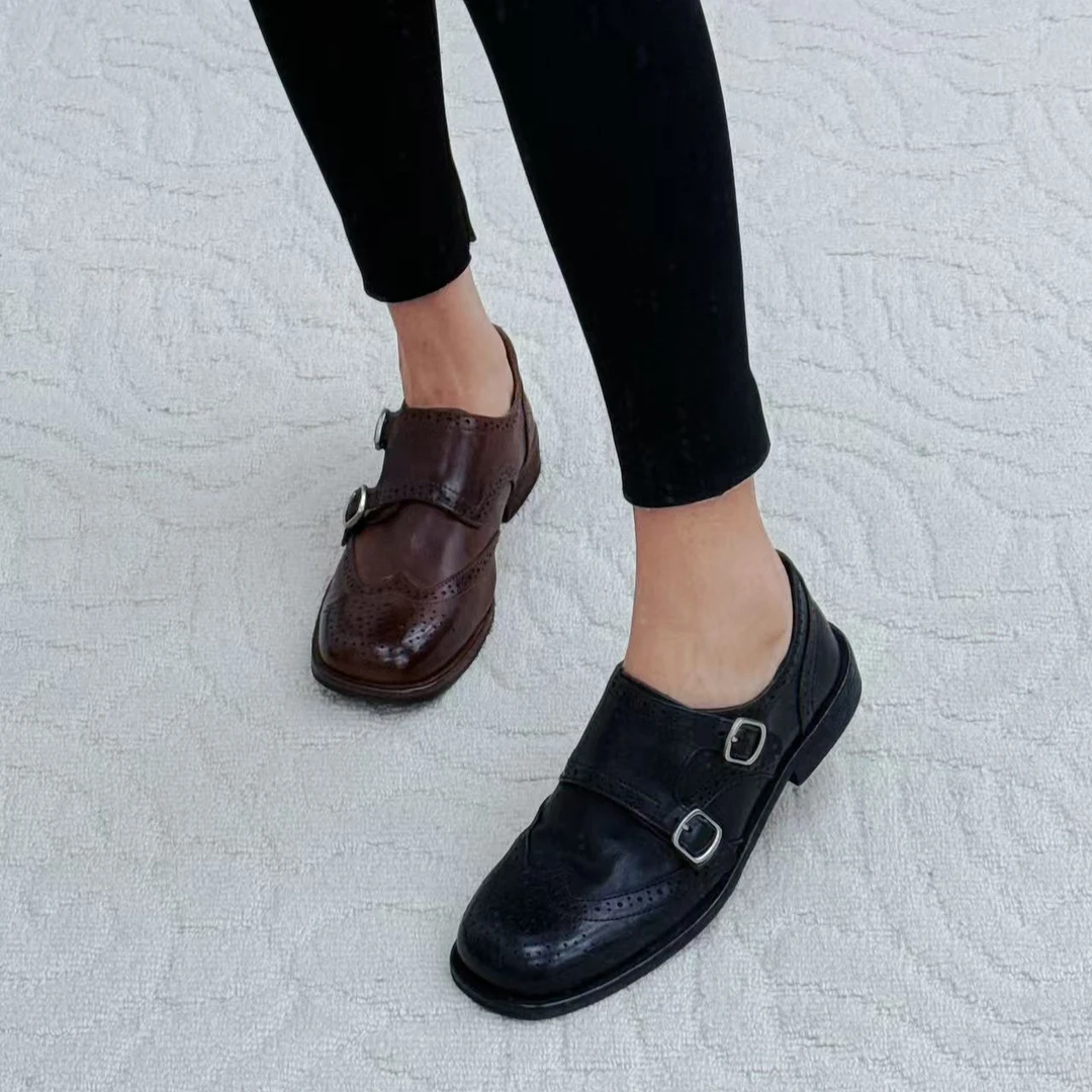 LIAJIGIRL/阿吉女·原创设计水洗马皮黑色英伦风真皮乐福鞋#0729-3