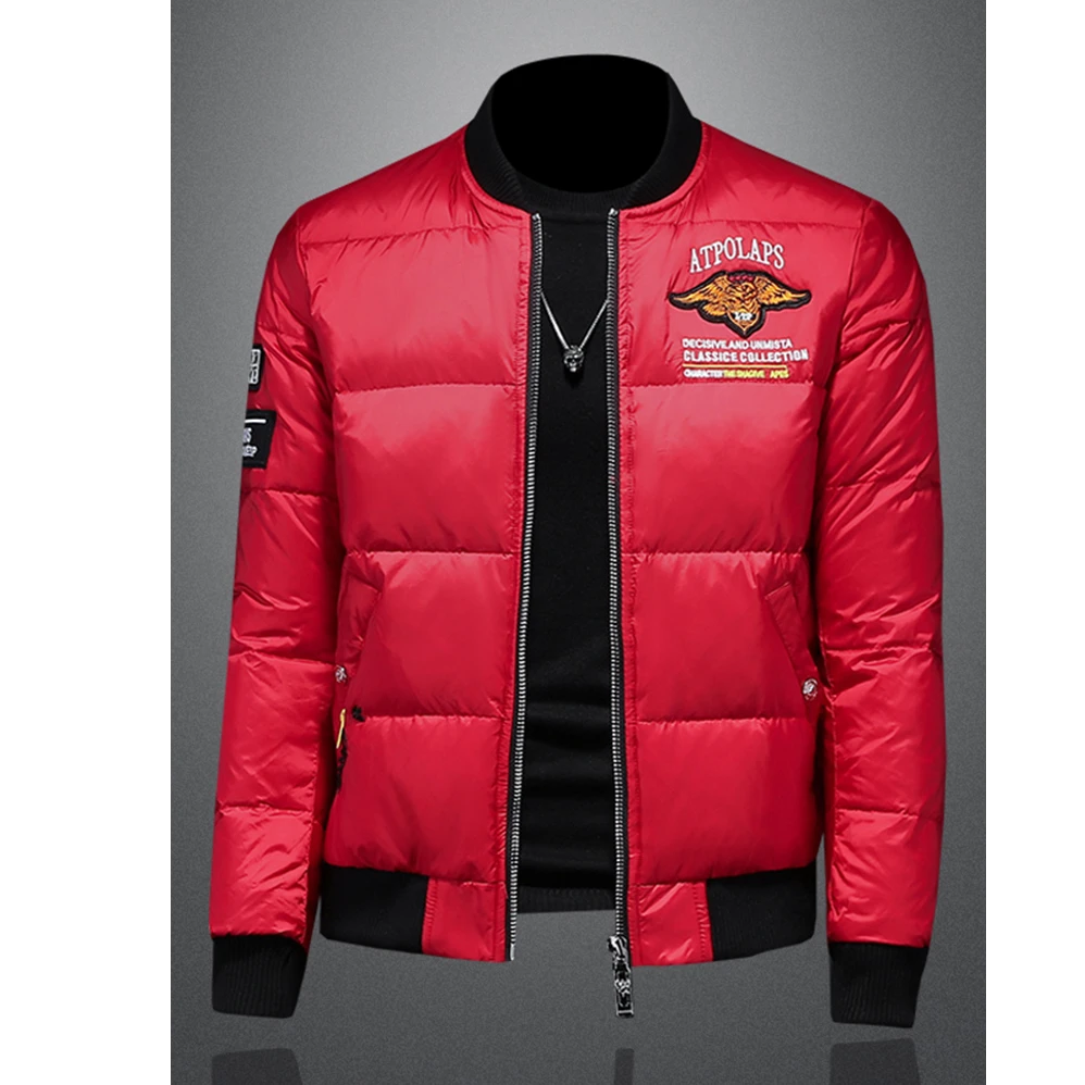 路茨梅帕印花立领羽绒服男士冬季修身棒球领红色休闲白鸭绒外套