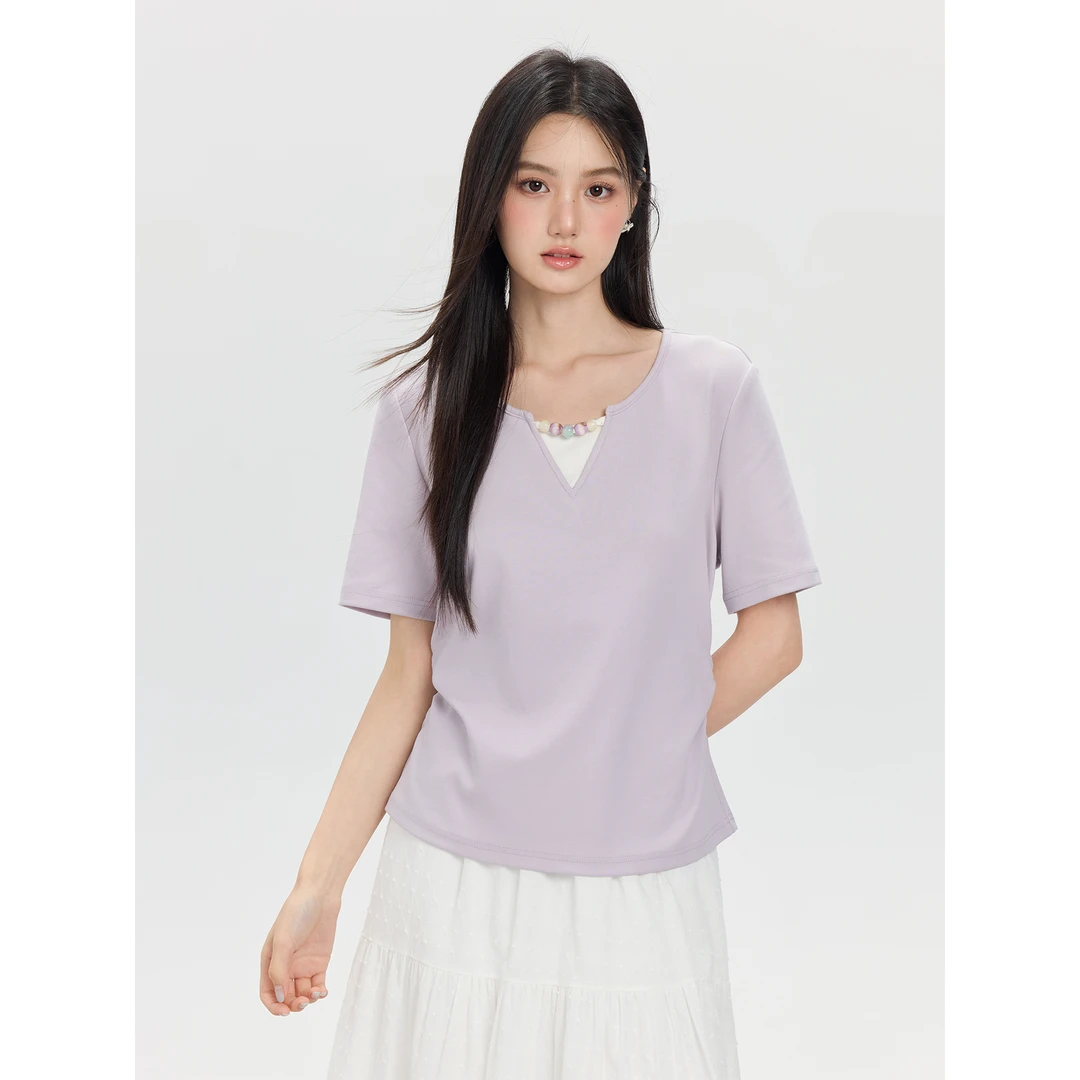 爱蔷薇胖mm大码正肩紫色短袖女t恤2025新款夏洋气圆领上衣GT77648