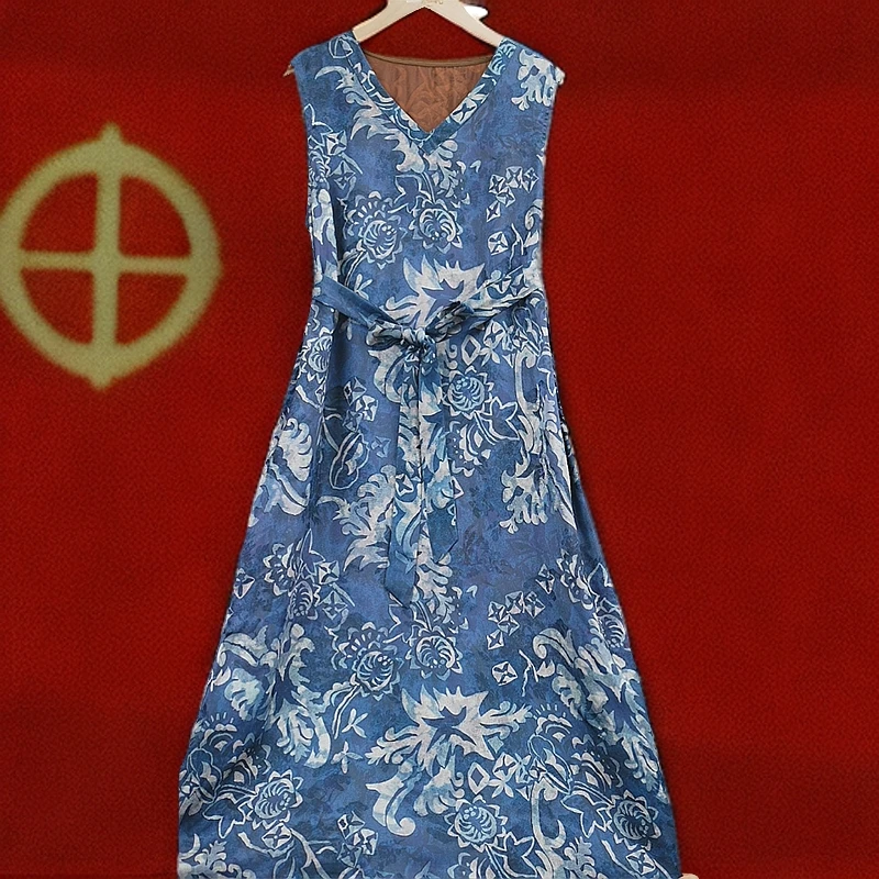 《达人专属》新国风青花瓷复古长款香云老料背心连衣裙T1360