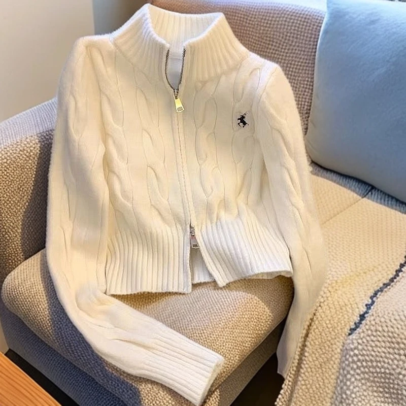 新款韩系复古立领毛衣外套女春秋季别致刺绣针织开衫洋气外穿上衣