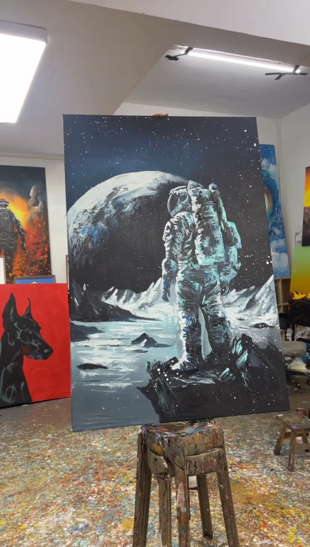 丙烯画牛*荷大树老师宇航员加框