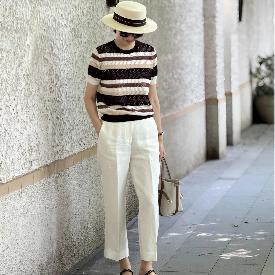黑糖拿铁条纹镂空气质夏季圆领短袖