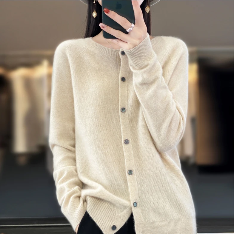 一线成衣100%纯羊毛开衫女圆领宽松外搭百搭洋气毛衣长袖针织外套