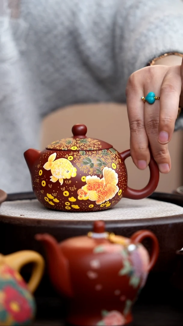 茶壶紫砂朱泥西施泥绘双鱼