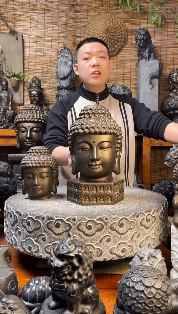 石材天然青石雕刻25佛头加底座