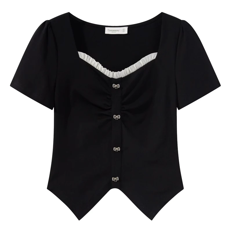 现现-黑色撞色v领正肩短袖t恤新款设计感百搭休闲上衣Y40642375