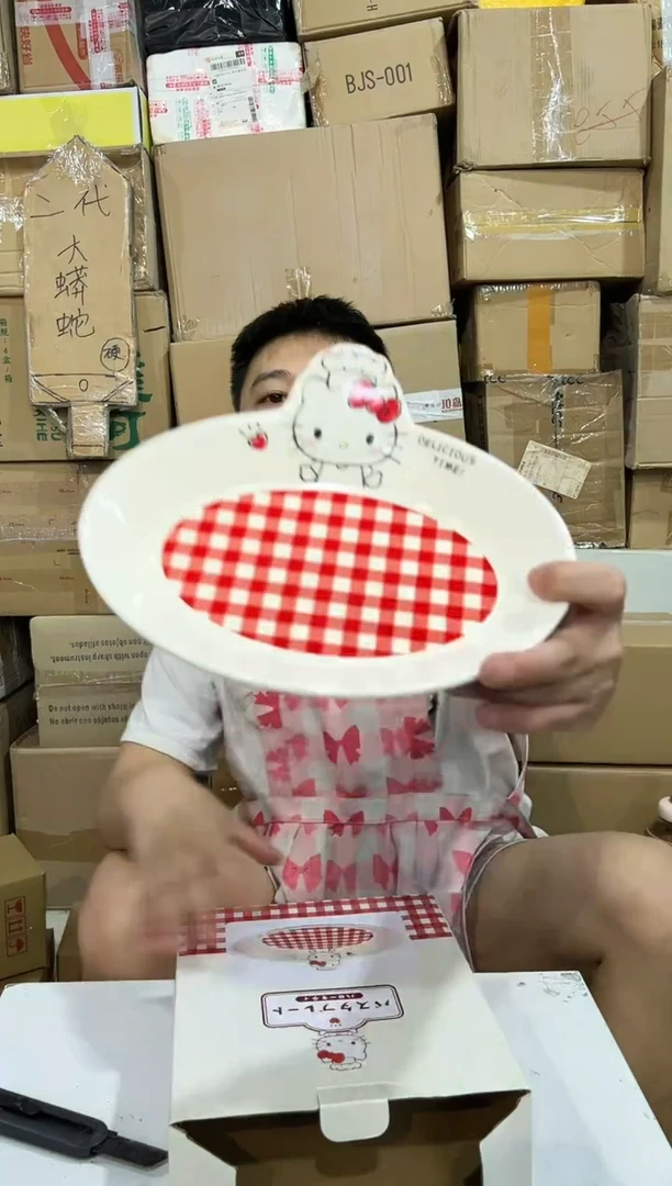 瓷片原盒kt猫红格子餐盘