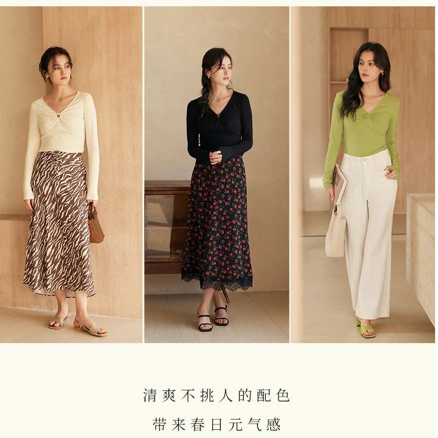 HeyDress长袖T恤女春季修身黑色内搭打底衫V领串珠设计感别致上衣