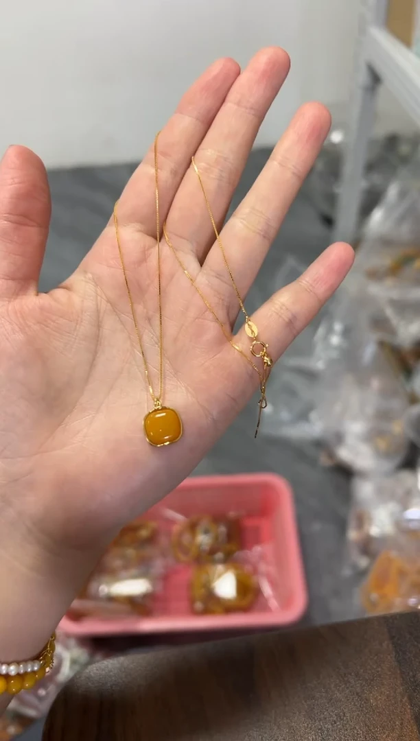 银S925镶嵌项链蜜蜡蜜蜡方糖银镶嵌吊坠项链[0828]