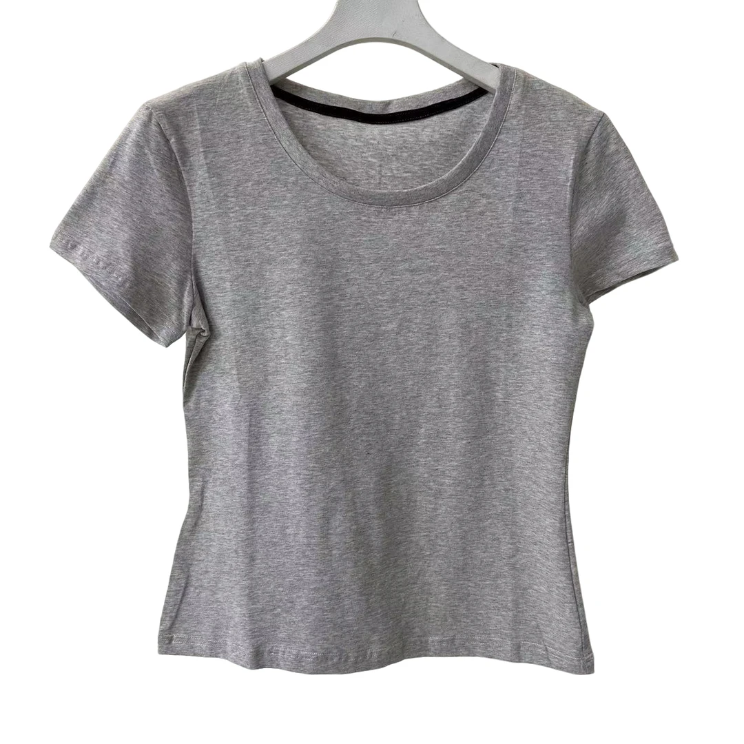 329复古花灰色正肩U领短袖T恤女夏季大领口显瘦上衣