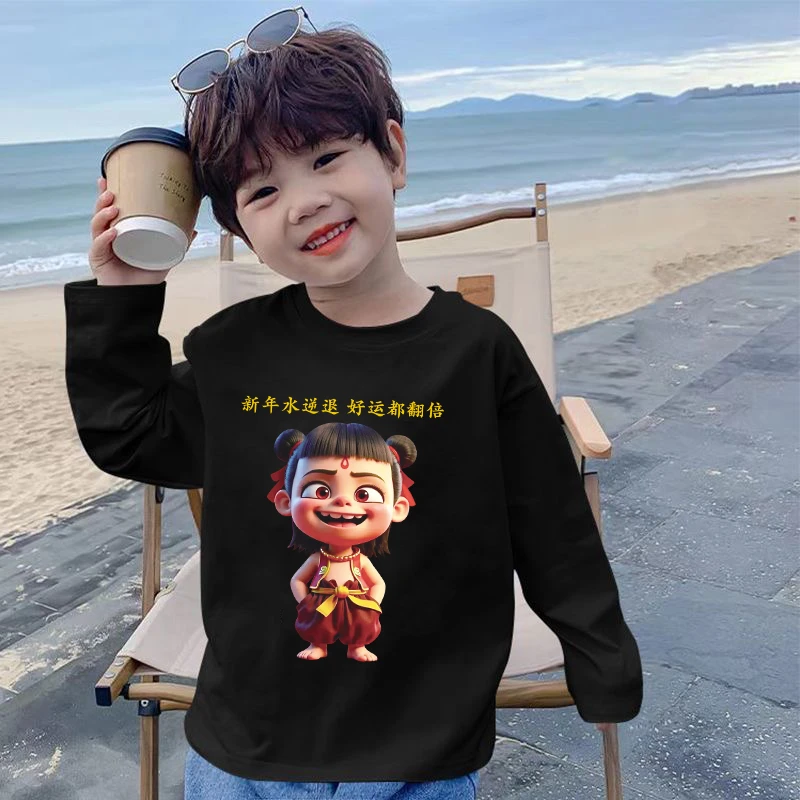 儿童哪吒纯棉长袖T恤2025夏季新款童装印花潮流男女童上衣体恤潮