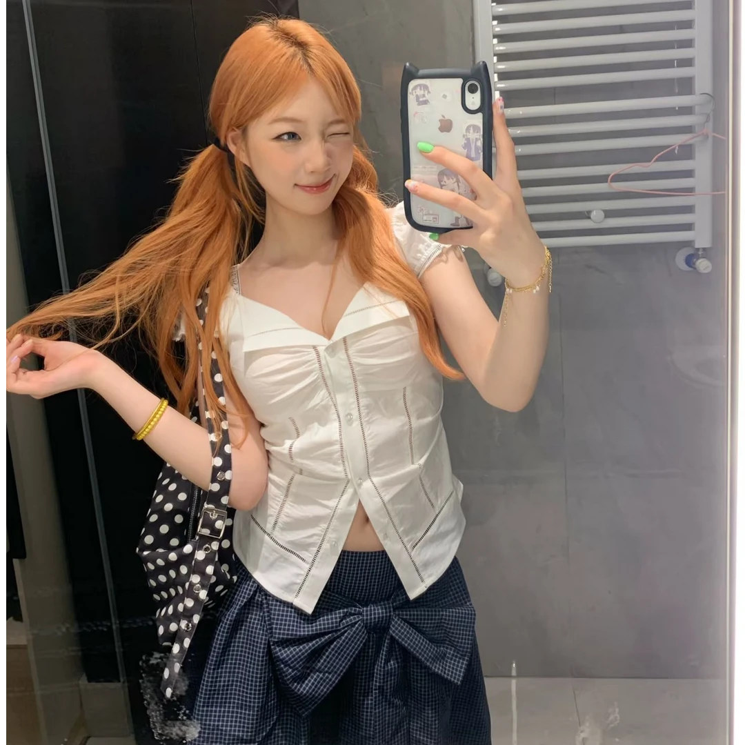 韩系翻领泡泡袖白色衬衫女夏新款网红洋气炸街高级感掐腰显瘦衬衣
