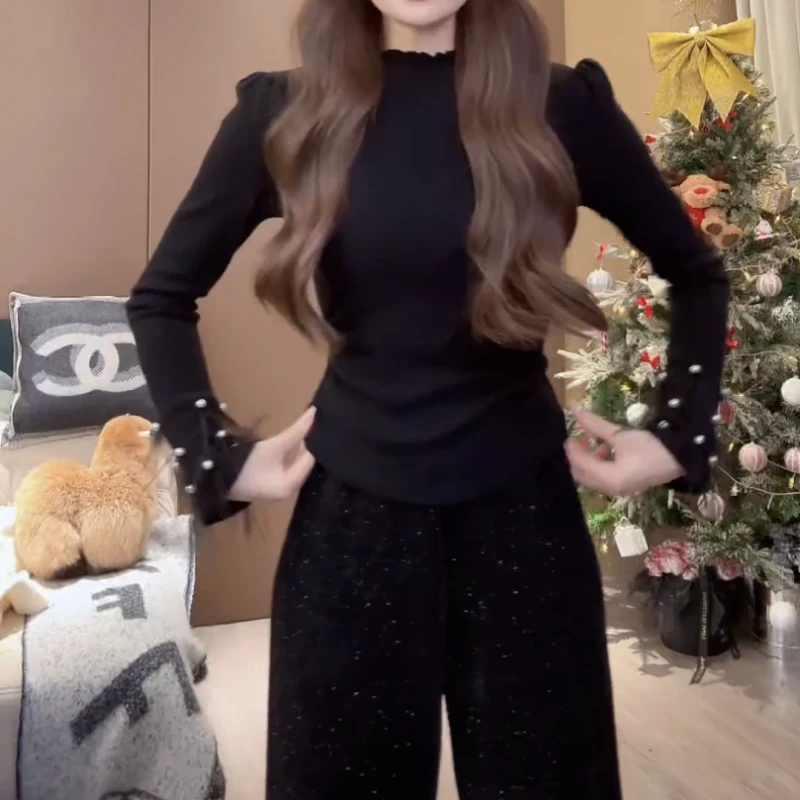 2025新款设计感百搭气质显瘦拼接花边长袖上衣LK2501177