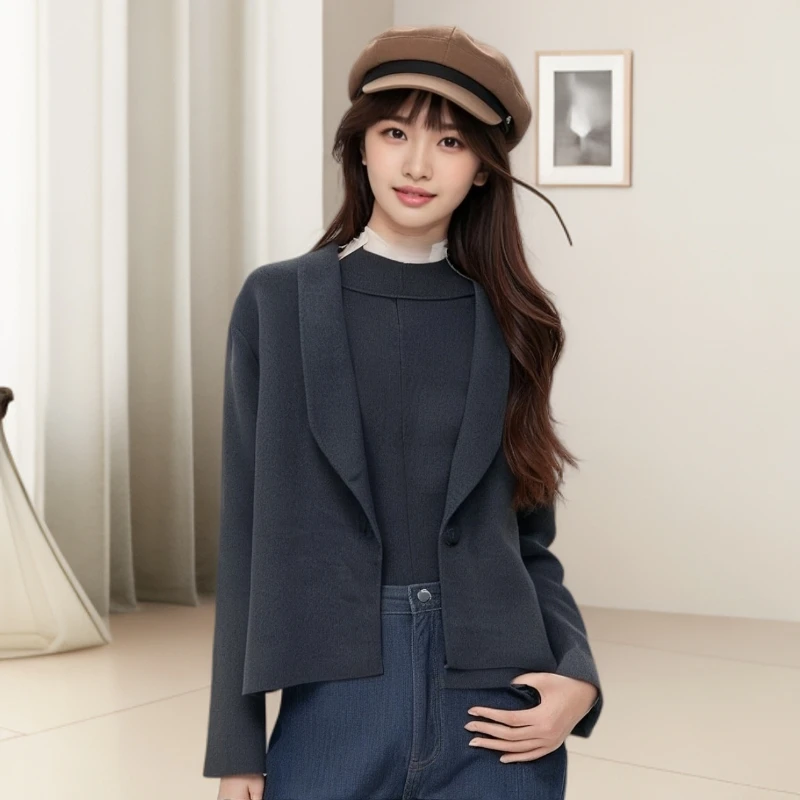 春秋显瘦韩版法式方领短款毛呢外套秋冬厚款西装外套女冬款