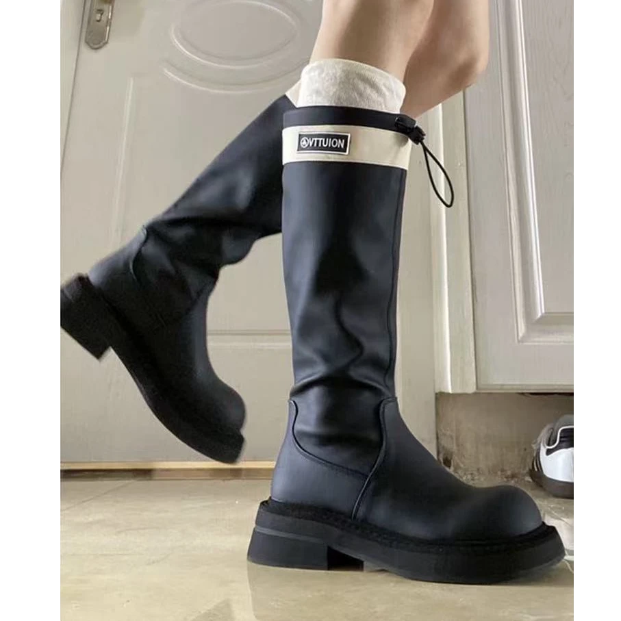 5039冬季不过膝皮面弹性时尚骑士马丁靴