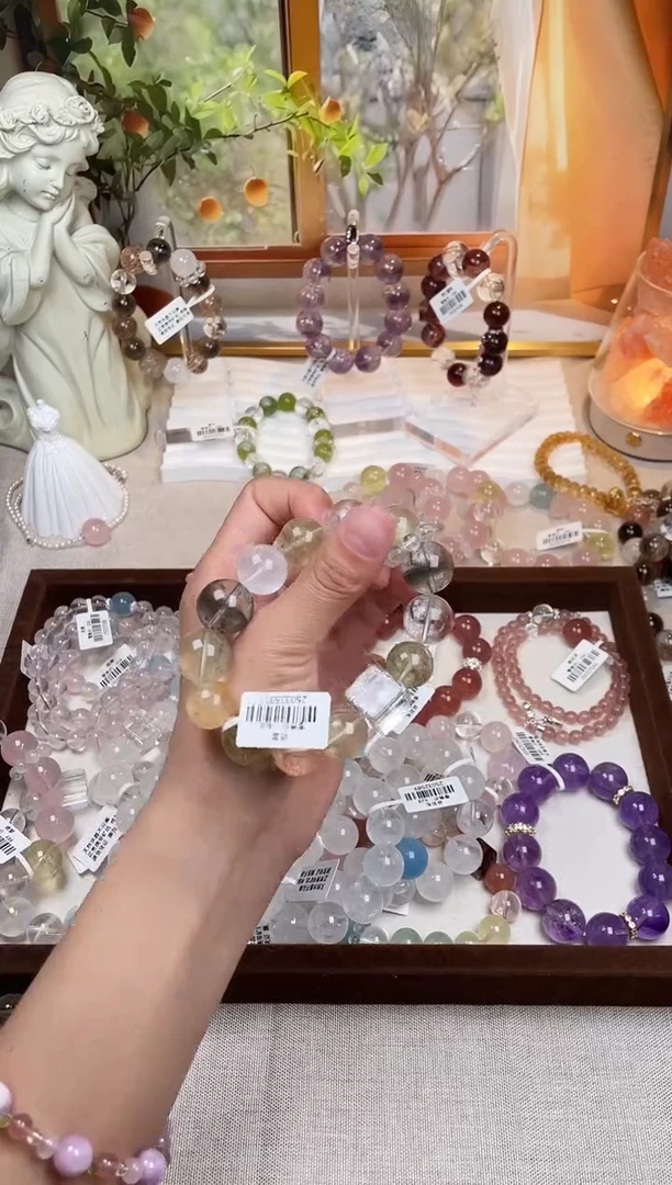 烟晶手链银S925镶嵌绿幽灵多宝