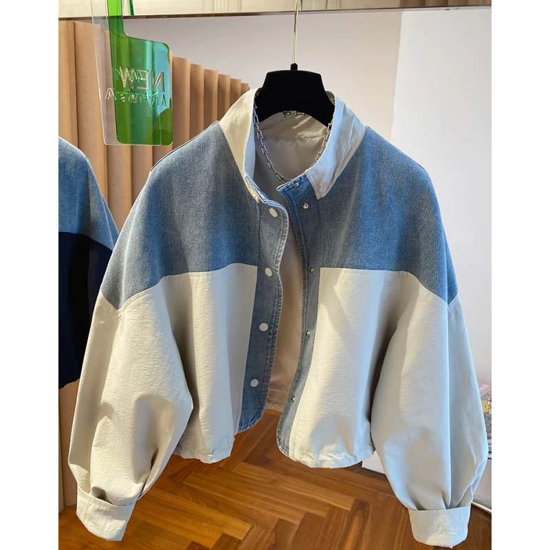 欧货牛仔拼接立领外套女春秋季2025新款宽松休闲百搭短款夹克上衣