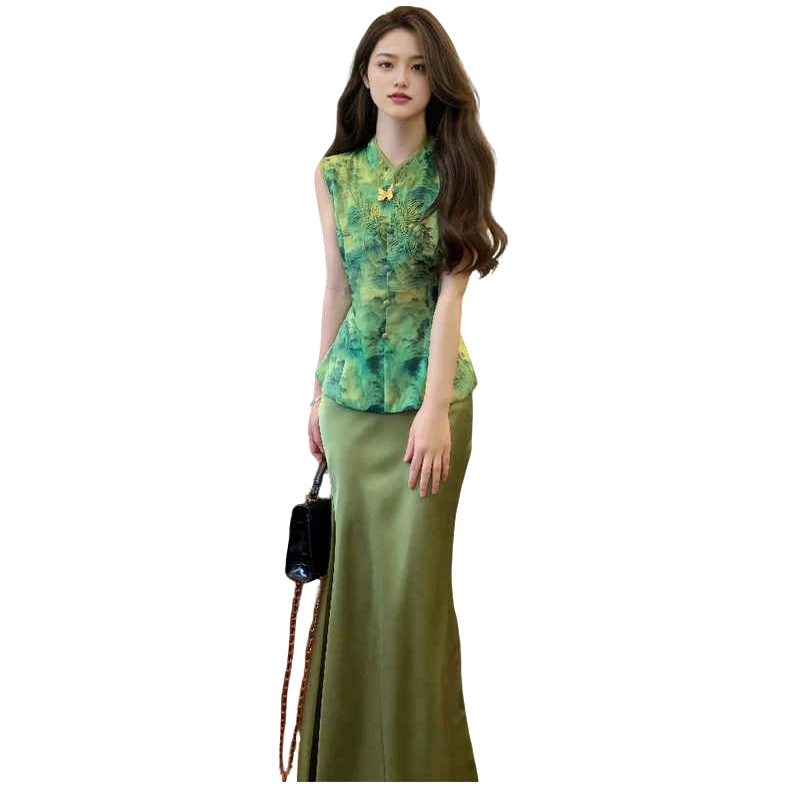 大码胖mm重要场合绝美套装新中式国风无袖上衣醋酸半身裙夏两件套