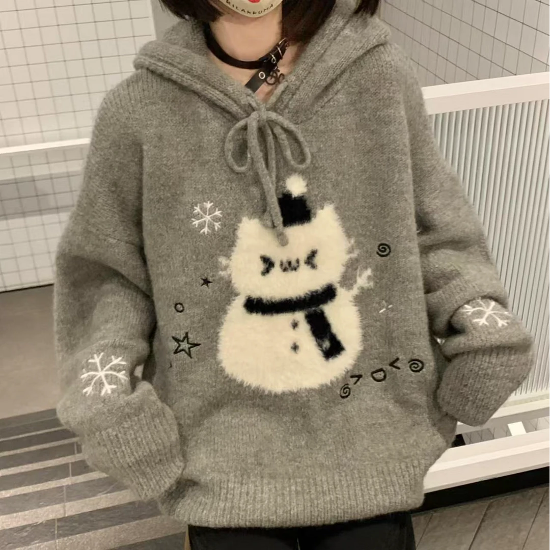 【帝韵】新款韩版可爱卡通雪人连帽毛衣女秋冬宽松慵懒风针织衫外套