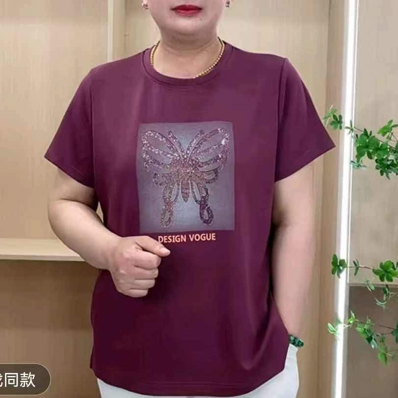【大码福利】时尚宽松舒适夏季中年短袖T恤弹性大蝴蝶印花圆领休闲