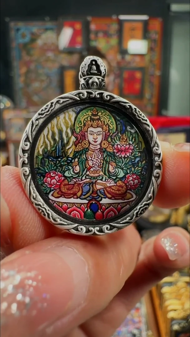 吊坠壹善缘城手绘唐卡大势至2.0双面银壳