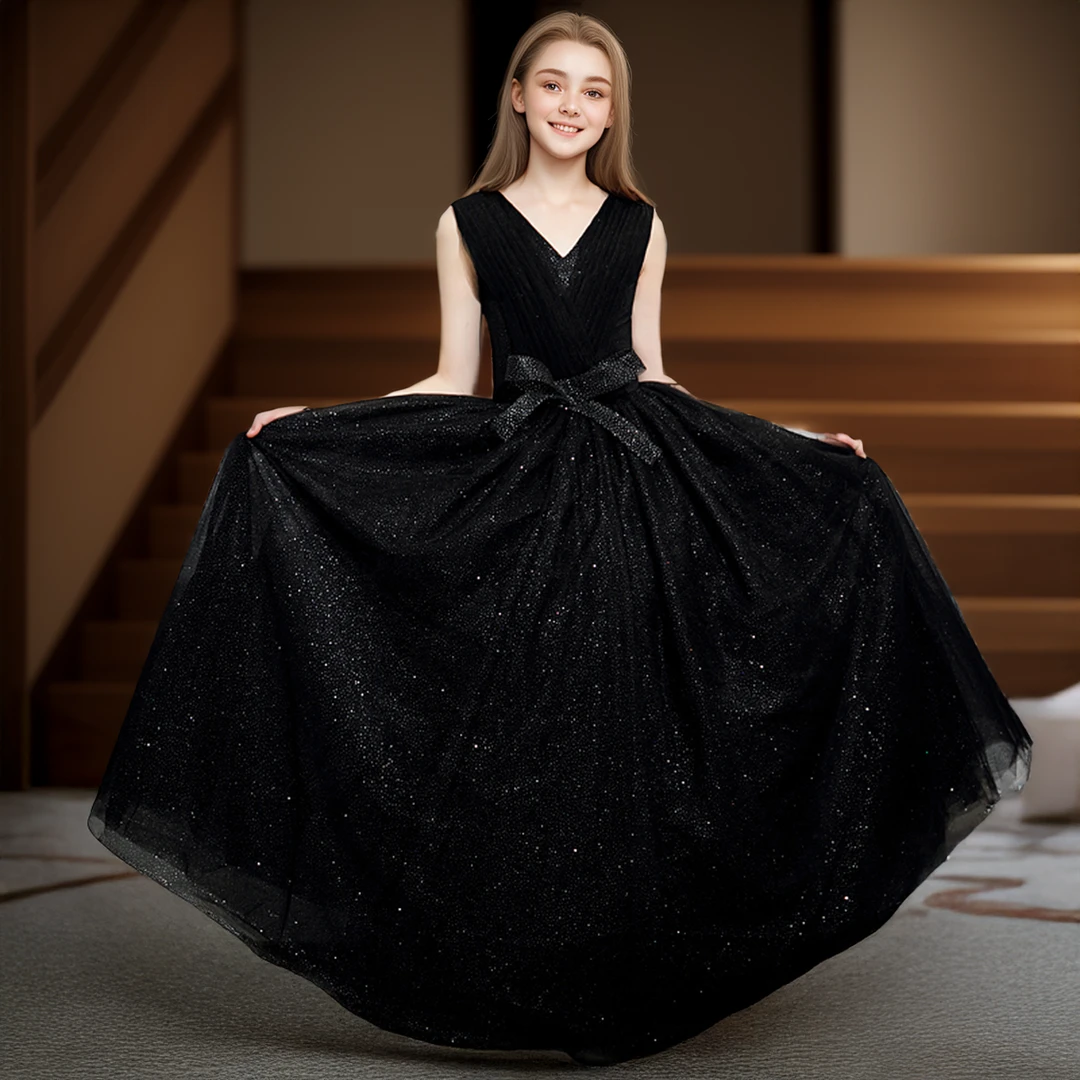 儿童生日礼服女童高端洋气小提琴乐团黑色儿童钢琴演奏音乐会裙子