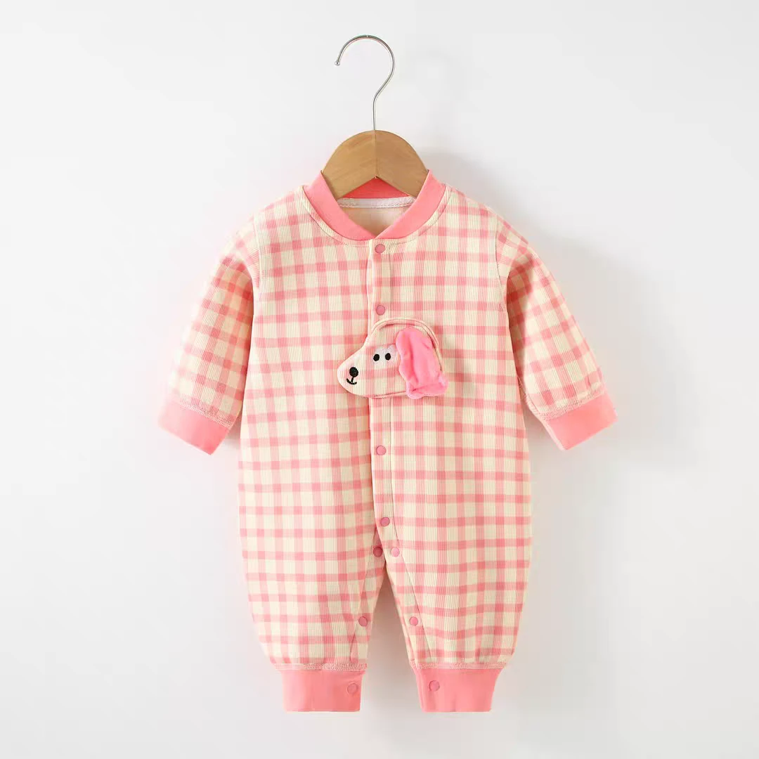 方格子小狗婴幼儿连体秋季新款保暖加绒无骨爬服