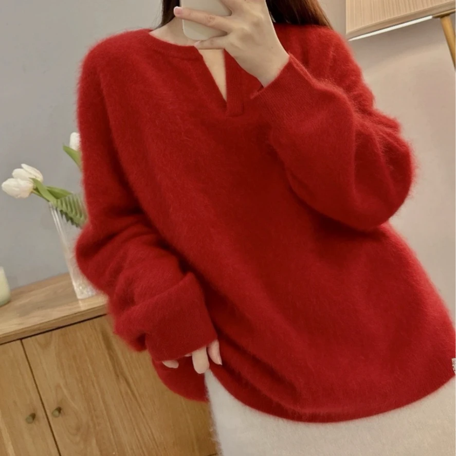 羊绒拉绒打底衫韩版时尚百搭纯色洋气剪刀领