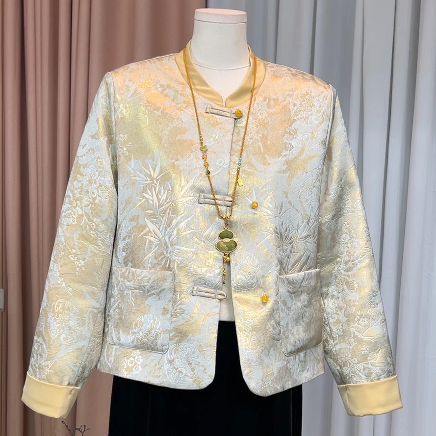 新中式国风缎面印花拼接夹棉外套女2025秋季新款时尚减龄盘扣棉服