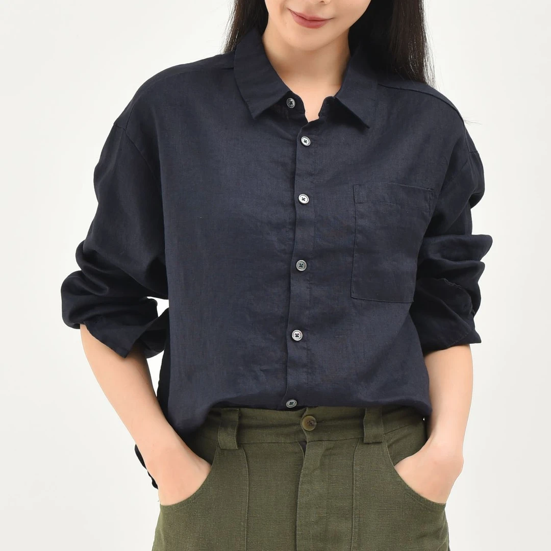 芊喜妍 380明星同款简约百搭宽松休闲文艺显瘦小众韩版亚麻衬衣