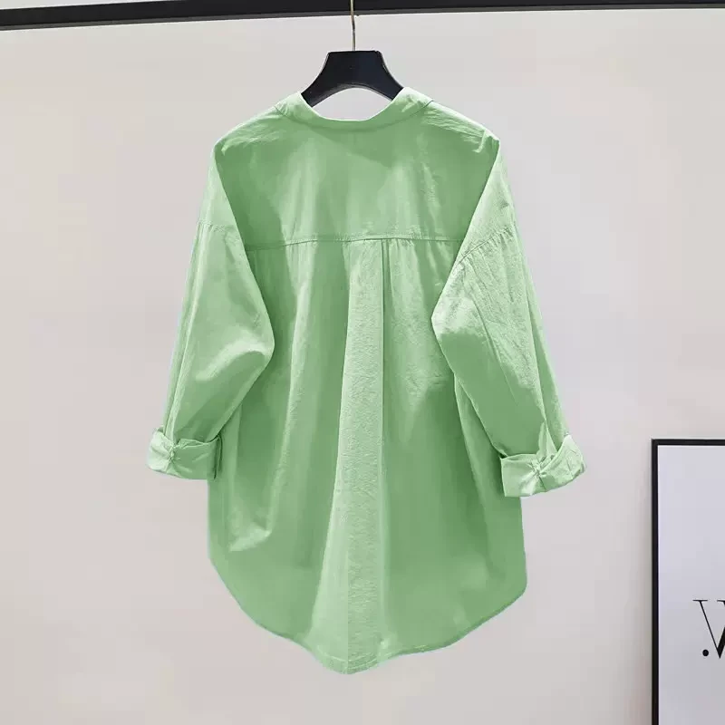 小清新果绿色纯棉衬衫女单口袋宽松长袖衬衣2025年春夏新款开衫潮