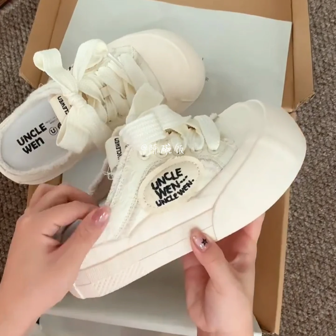 赵露思同款百搭小白鞋女2025夏季新款厚底圆头设计配裙子半拖板鞋