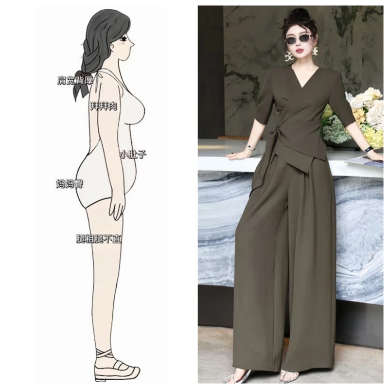 高级感洋气套装2025夏季新款大码气质V领绑带上衣阔腿裤两件套女