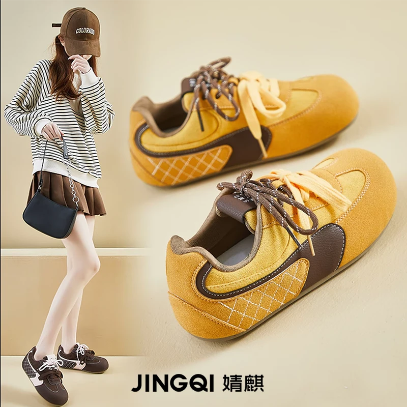 婧麒琥珀流光芒果头德训女鞋2025新秋冬复古潮流低帮泡芙运动鞋女