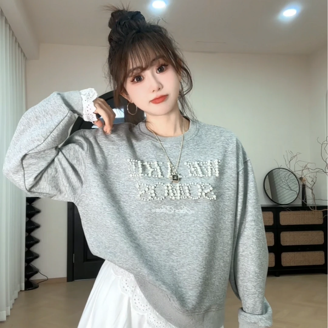YX六WY202502202新款灰色珠珠字母卫衣休闲时尚长袖韩版