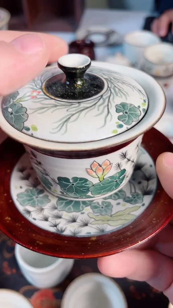 陶八工大漆荷柳三才盖碗