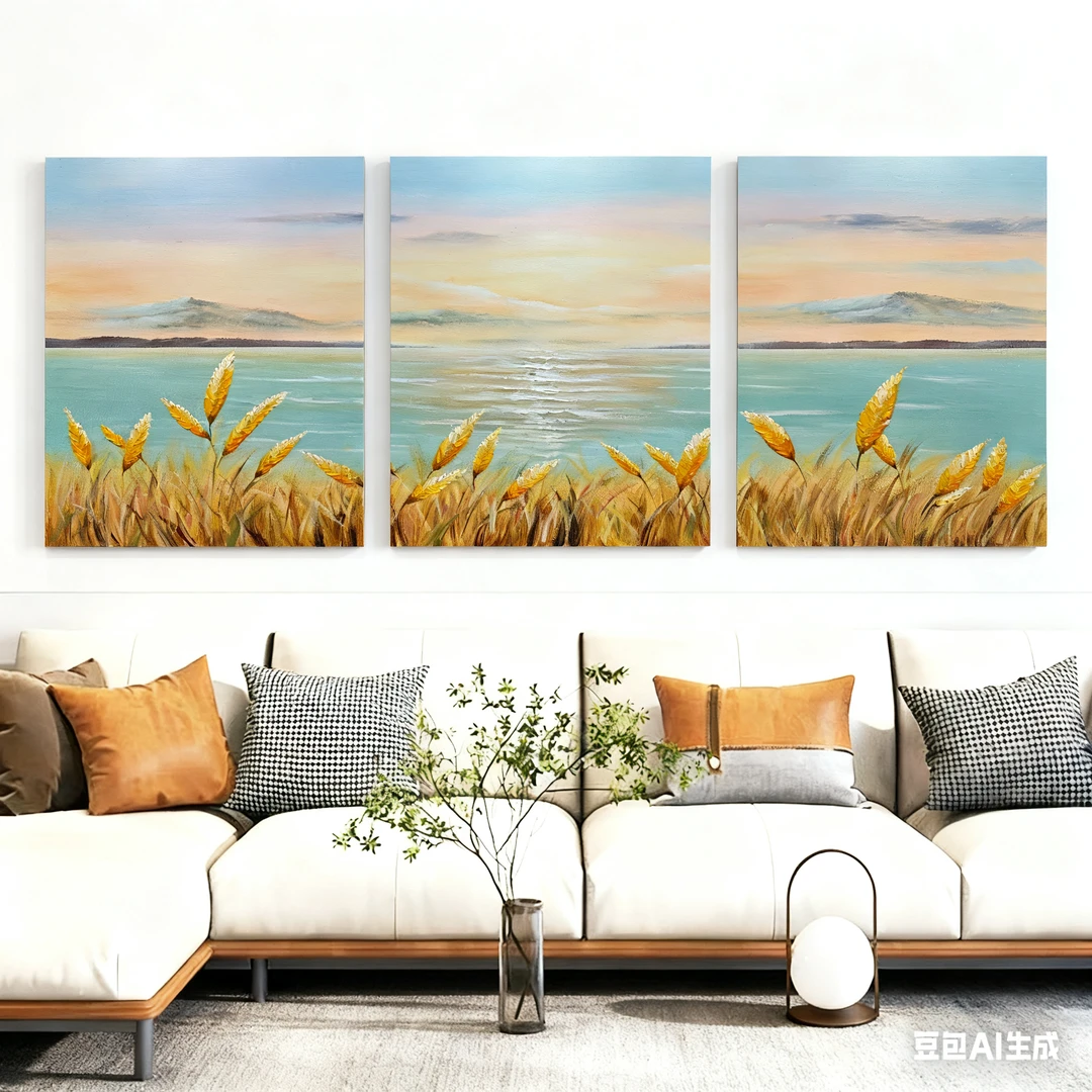 《金穗伴海》简约手绘麦穗油画客厅沙发背景墙装饰画奶油风挂画