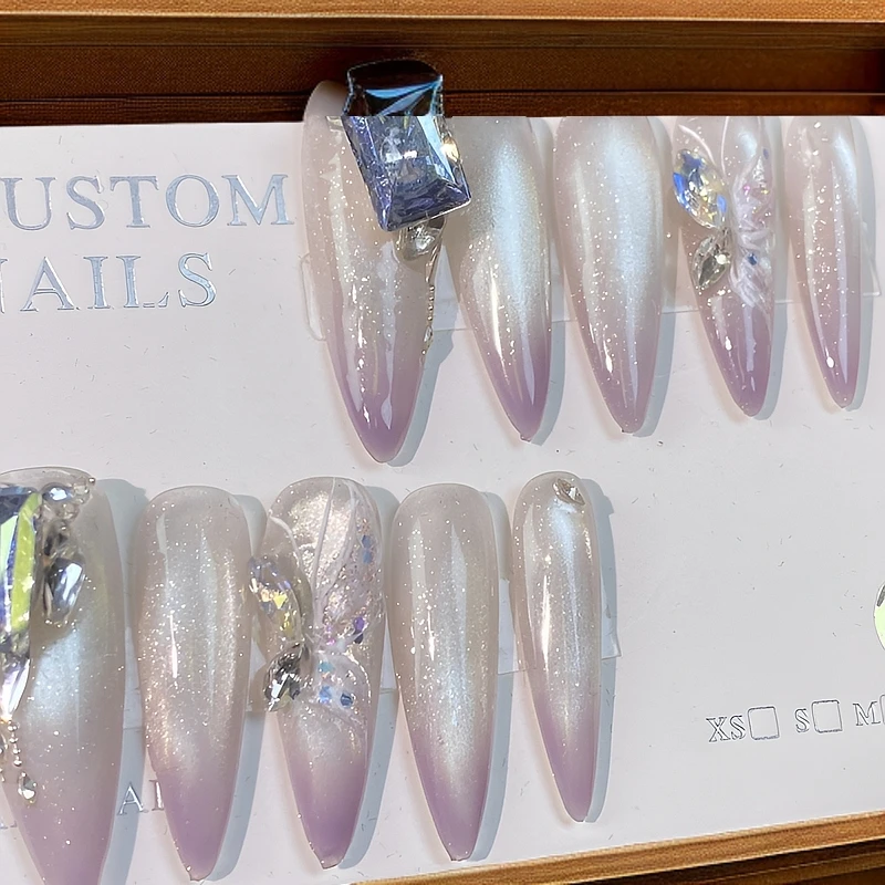 蜜桃啵啵显白纯欲高级美甲渐变法式堆钻纯手工穿戴甲