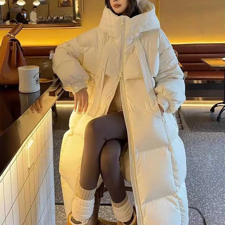 韩版长款过膝连帽羽绒服女飘带白鸭绒2024冬季新款保暖面包服外套