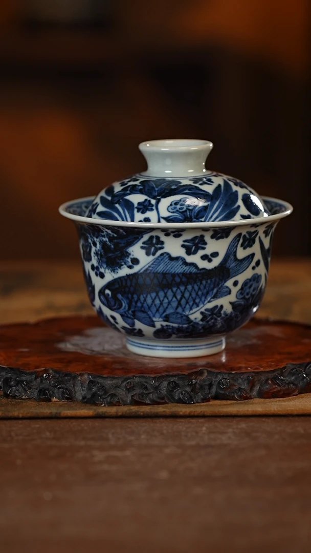 【闪购商品】杯古蓝堂青花鱼藻盖碗